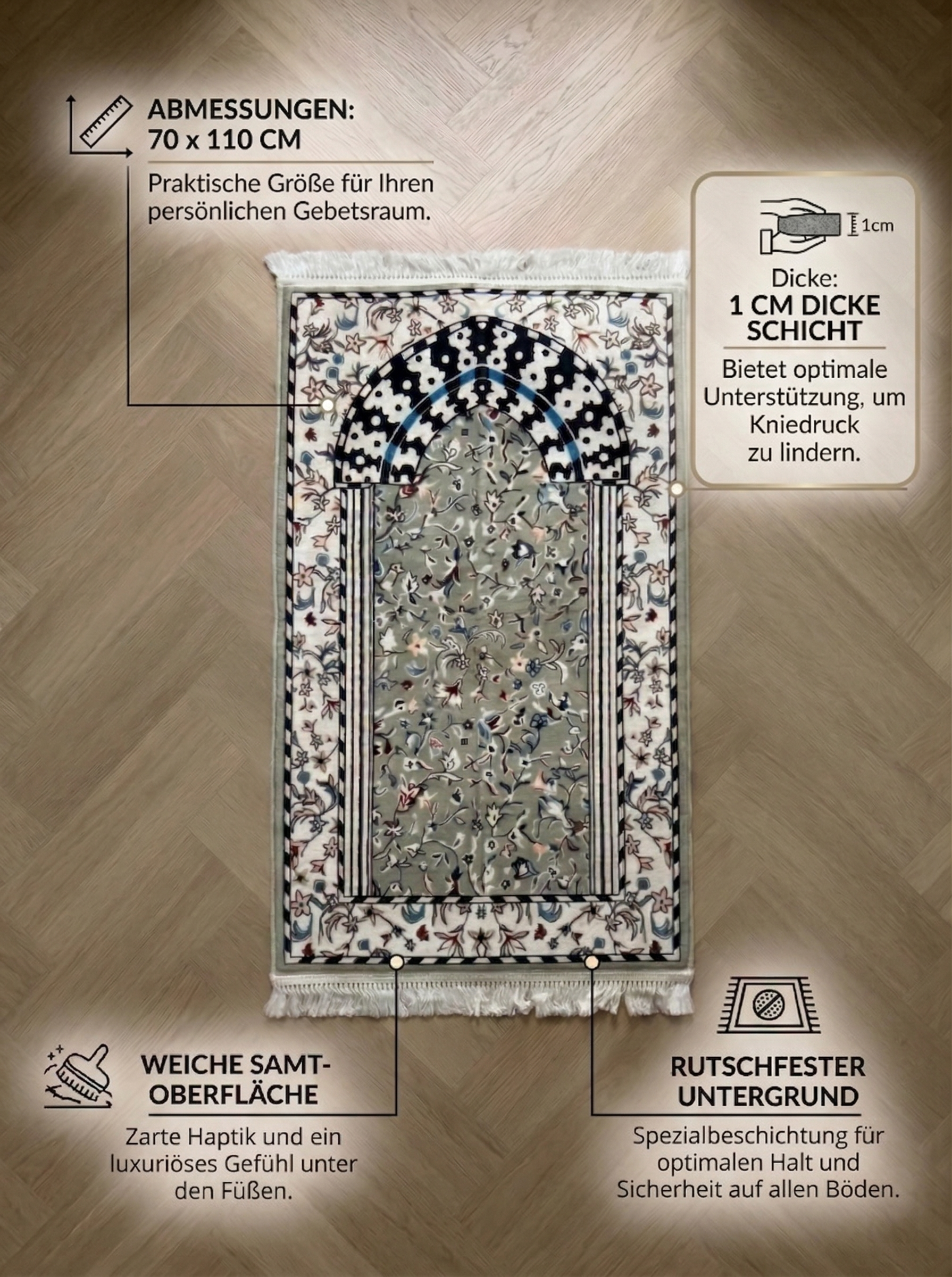 Infografik zum Noura Premium Gebetsteppich Modell Rawdah in Salbeigrün: 1cm dicke Polsterung für Knieentlastung, rutschfester Untergrund, weiche Samt-Oberfläche und Maße 70 x 110 cm.