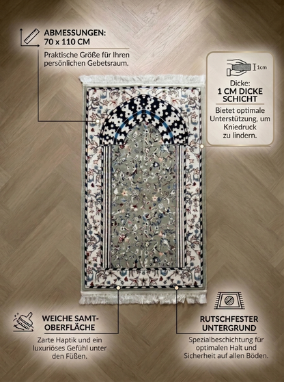 Infografik zum Noura Premium Gebetsteppich Modell Rawdah in Salbeigrün: 1cm dicke Polsterung für Knieentlastung, rutschfester Untergrund, weiche Samt-Oberfläche und Maße 70 x 110 cm.